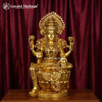 Brass Lakshmi Statue | Antique Gold Four-Armed Goddess Sculpture for Home Temple Decor