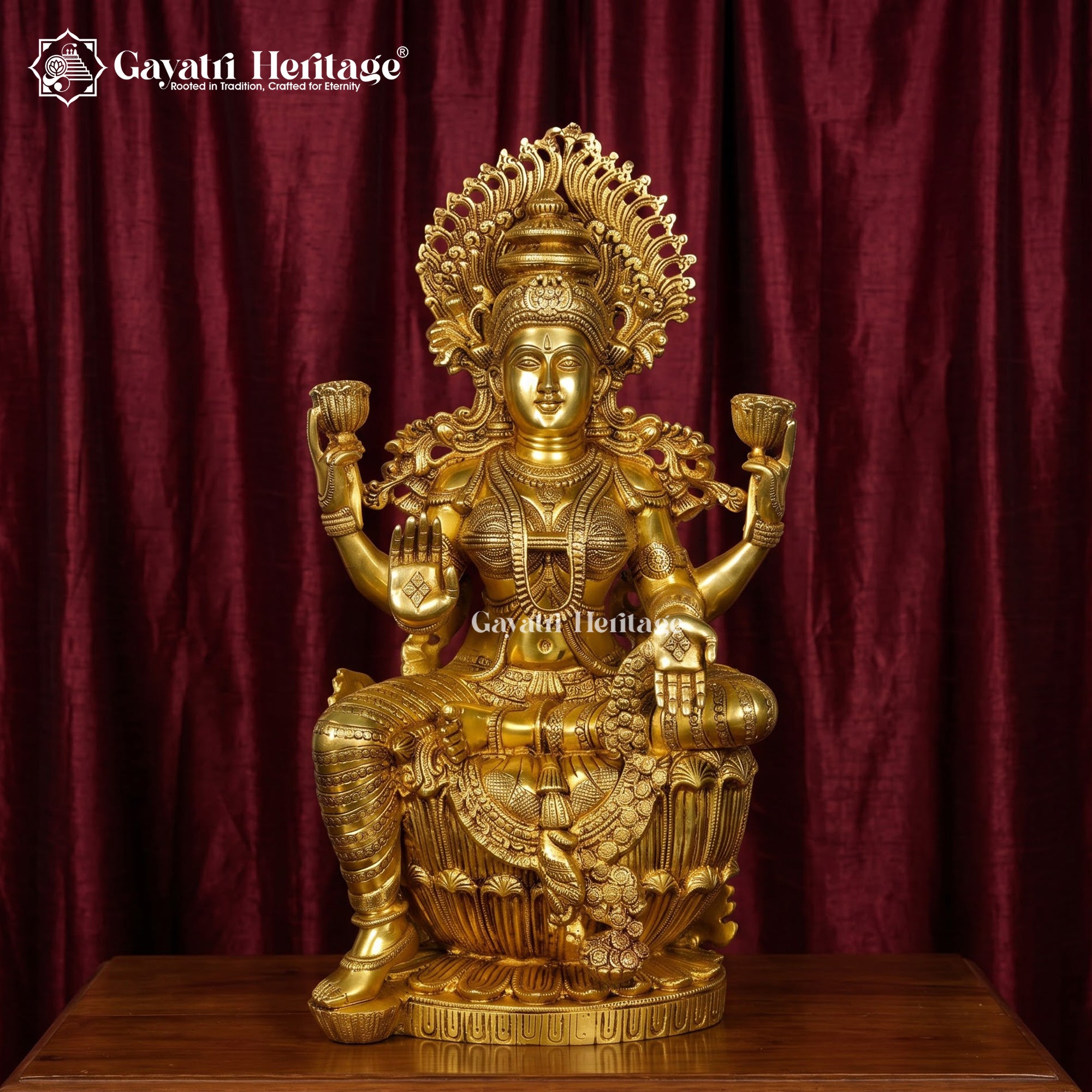 Brass Lakshmi Statue | Antique Gold Four-Armed Goddess Sculpture for Home Temple Decor