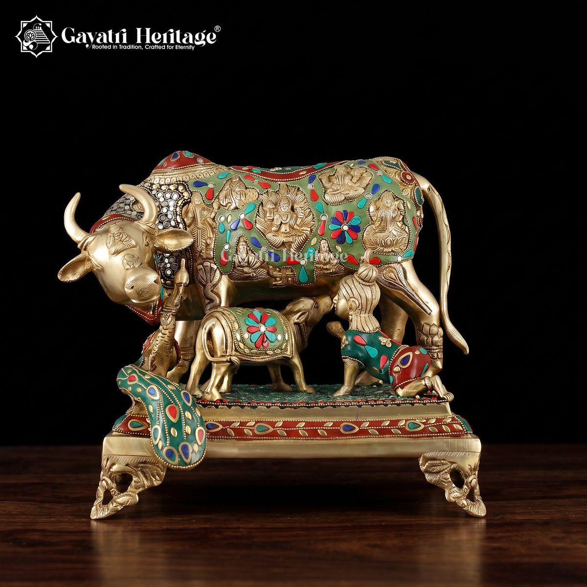 Brass Cow and Calf in Stone Work – Exquisite Religious Décor | Gayatri Heritage