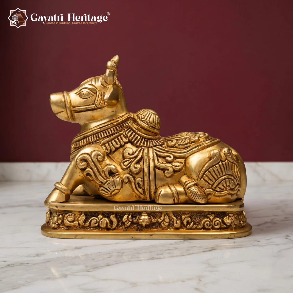 Brass Nandi Statue | Seated Bull Idol | Hindu Temple & Pooja Room Decor (6.5 Inch)