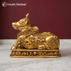 Brass Nandi Statue | Seated Bull Idol | Hindu Temple & Pooja Room Decor (6.5 Inch)