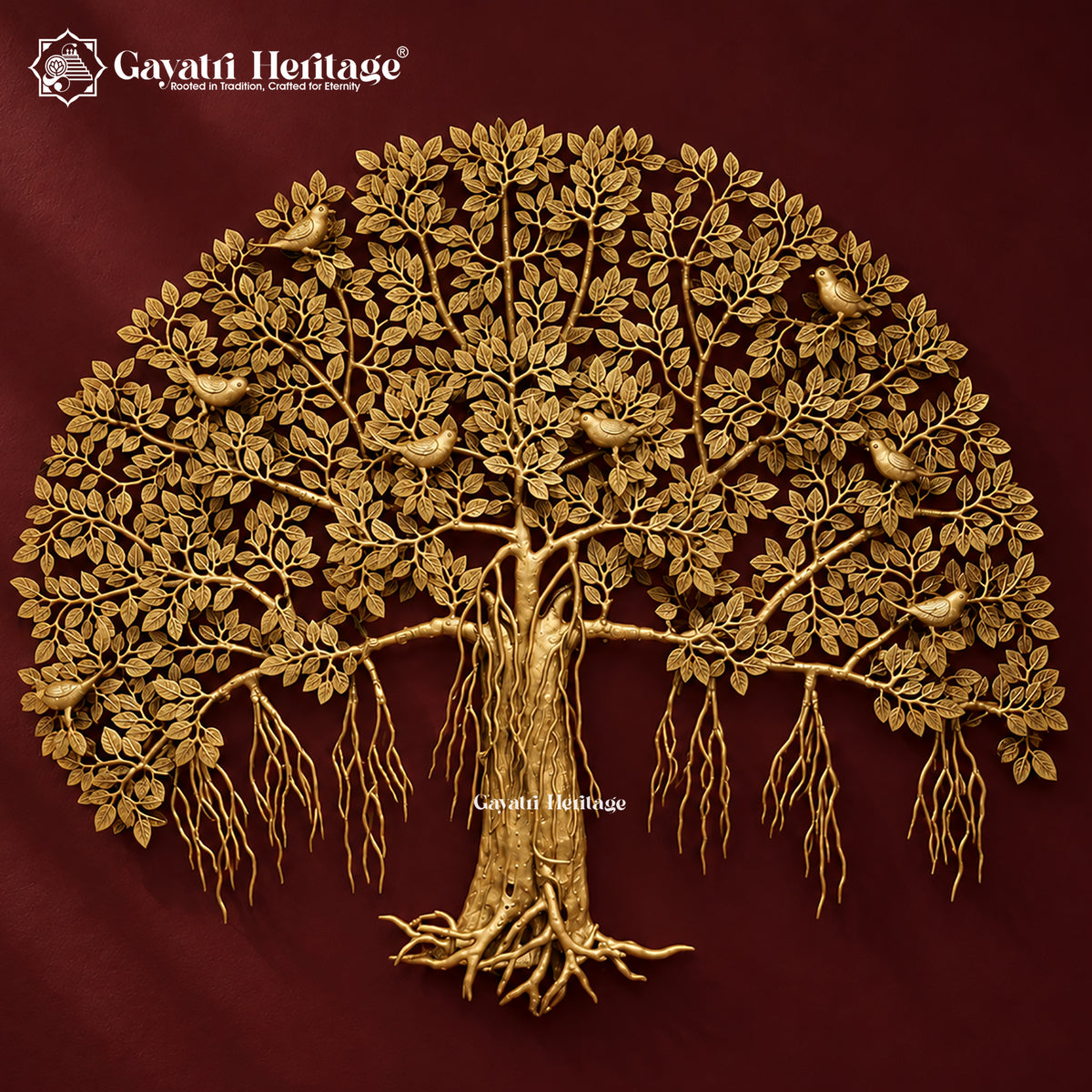 Brass Kalpvriksha Tree Wall Hanging, Large Tree of Life Wall Art with Birds, Indian Brass Wall Decor