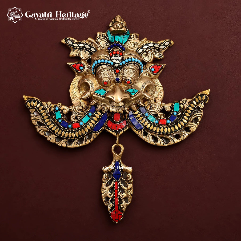 Brass Kirtimukha Wall Hanging with Stone Inlay – Nazar Battu Mask, Vastu Entrance & Door Decor
