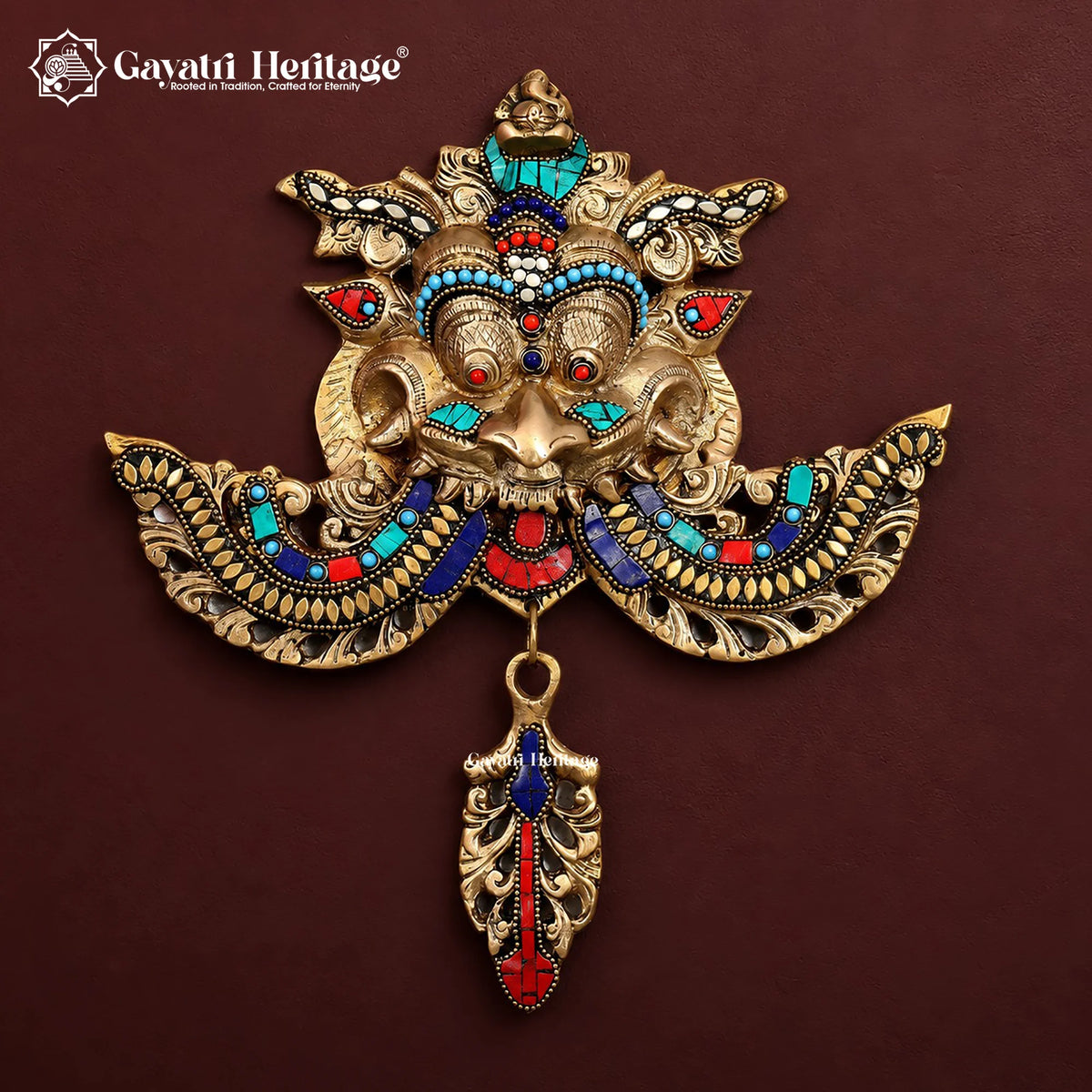 Brass Kirtimukha Wall Hanging with Stone Inlay – Nazar Battu Mask, Vastu Entrance & Door Decor