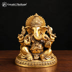 Brass Ganesha Idol on Lotus Base, Traditional Indian Temple Murti, Handcrafted Ganpati Statue for Home Mandir