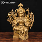 18-Handed Brass Durga Maa Statue | 24 Inch Mahishasura Mardini Goddess Idol | Handcrafted Hindu Temple Decor