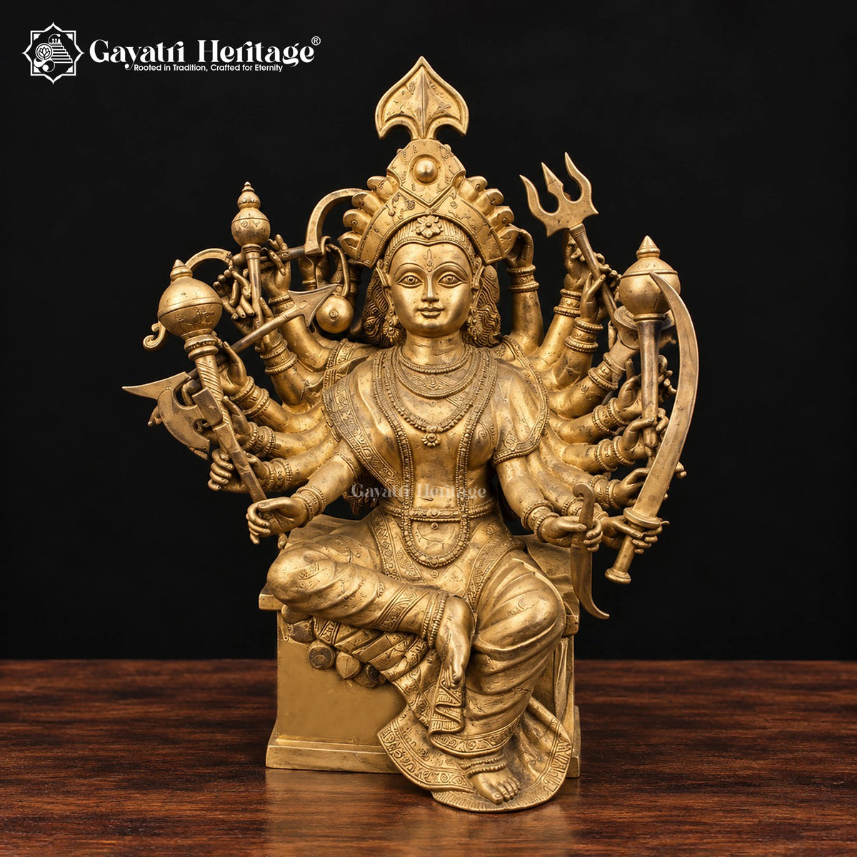 18-Handed Brass Durga Maa Statue | 24 Inch Mahishasura Mardini Goddess Idol | Handcrafted Hindu Temple Decor