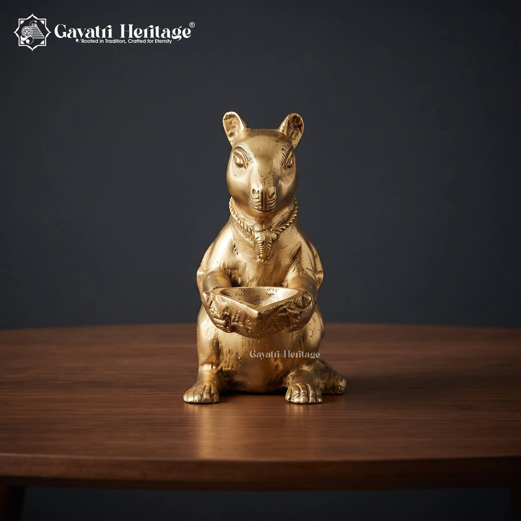 Brass Mushak Diya Statue | Ganpati’s Rat Vahana Oil Lamp Holder | Handcrafted Brass Pooja & Home Decor