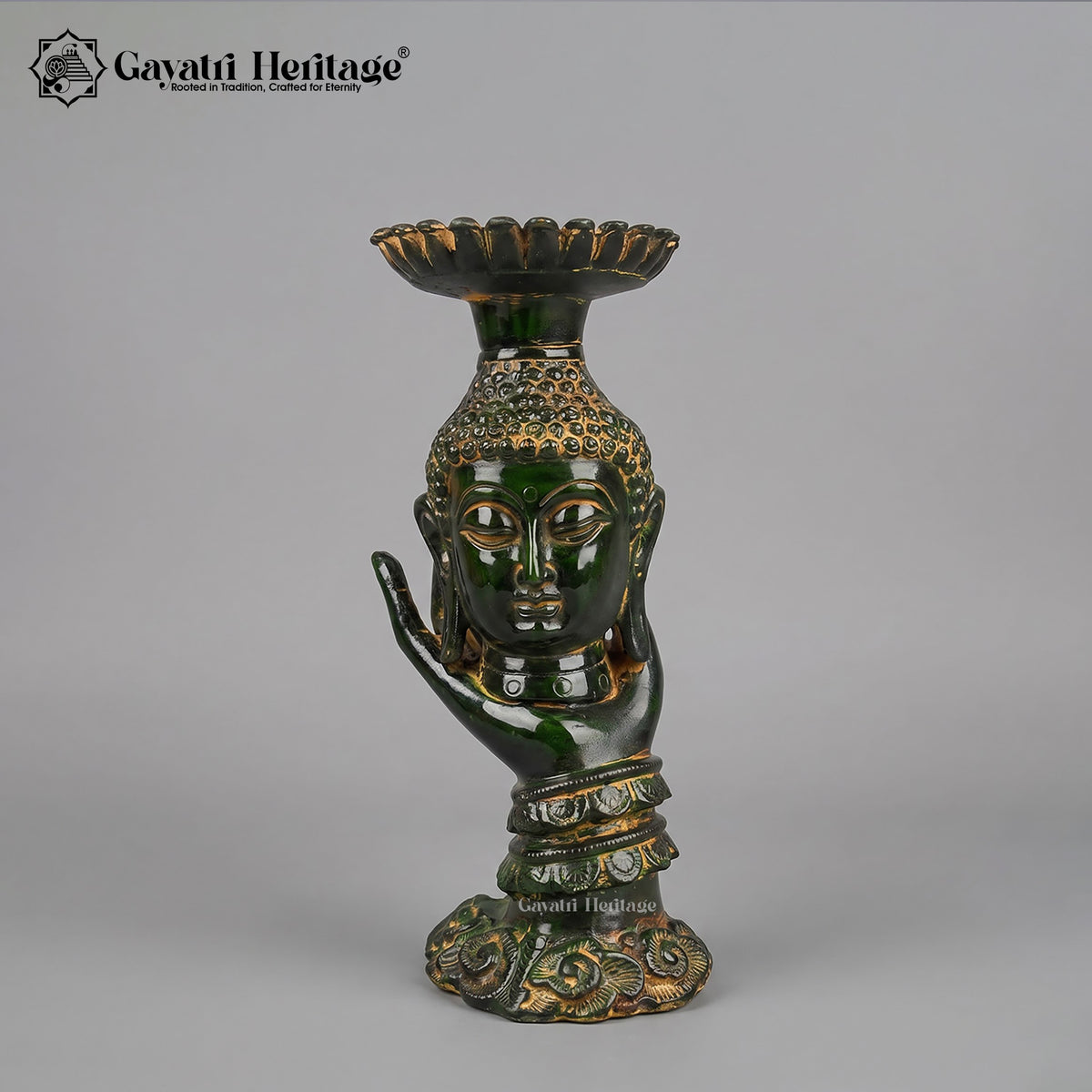 Brass Buddha Candle Holder | Antique Green Finish | Handcrafted Buddhist Figurine & Home Decor