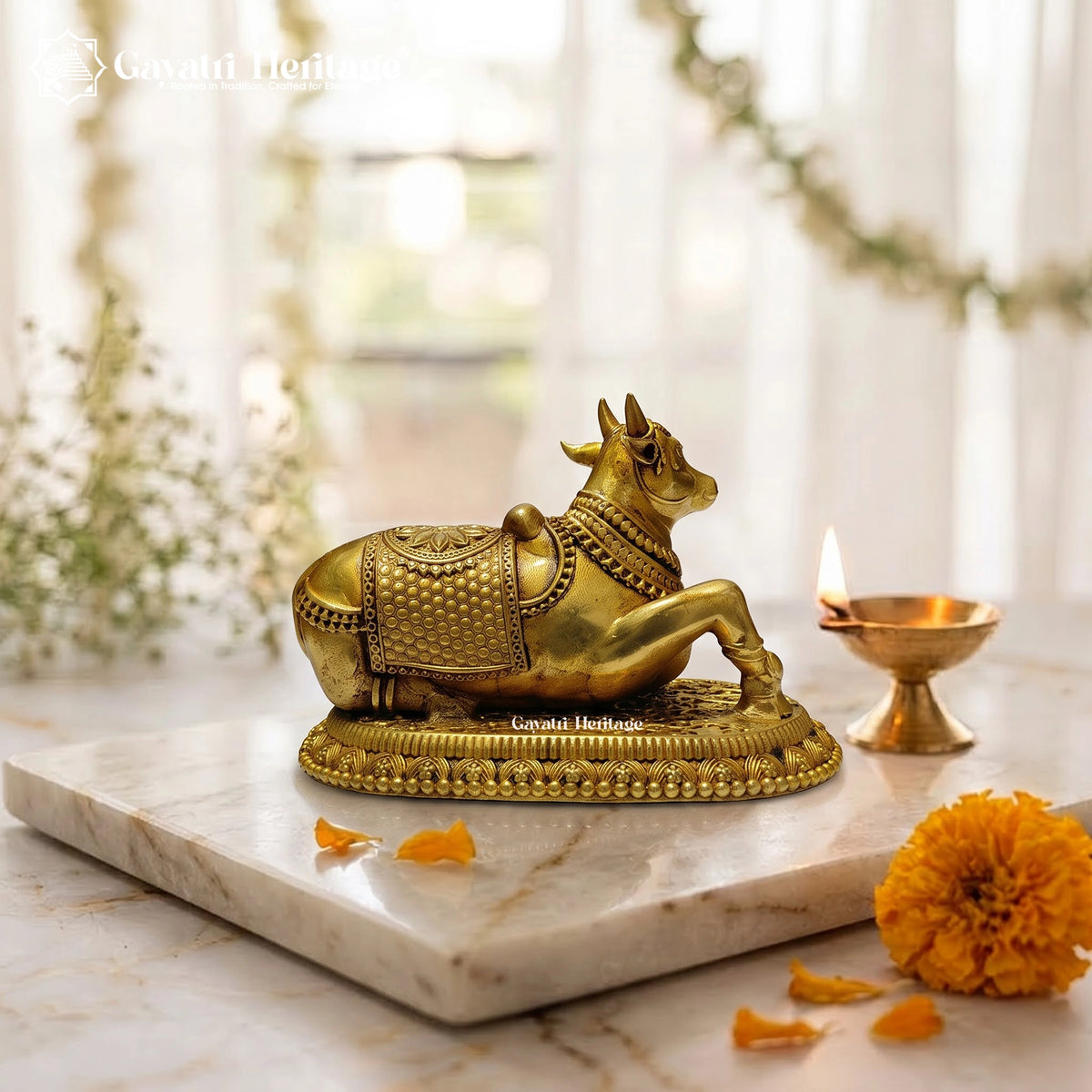 Brass Nandi Statue, Sitting Nandi Bull Idol, Shiva Temple Murti, Pooja Room & Home Mandir Decor
