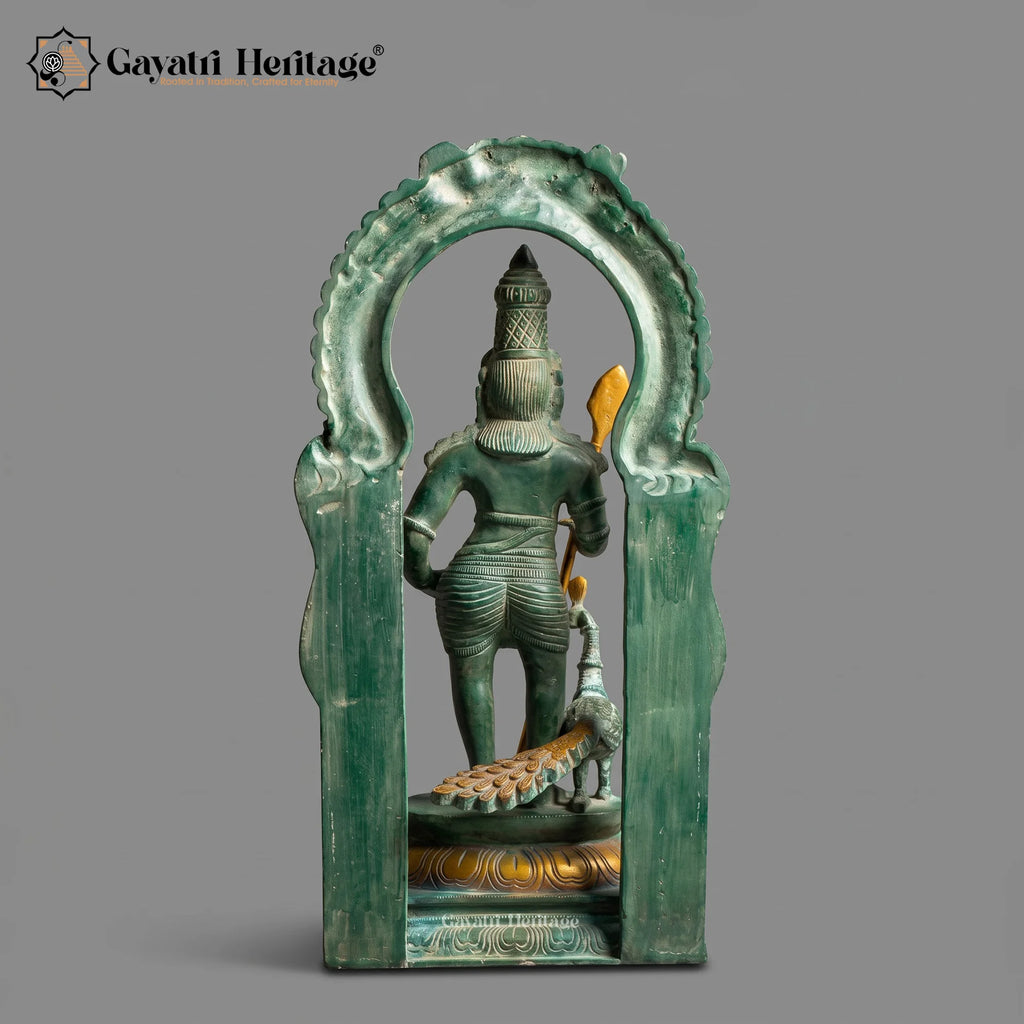 Brass Murugan Idol with Vel & Peacock | Antique Green Patina Kartikeya Statue with Kirtimukha Arch