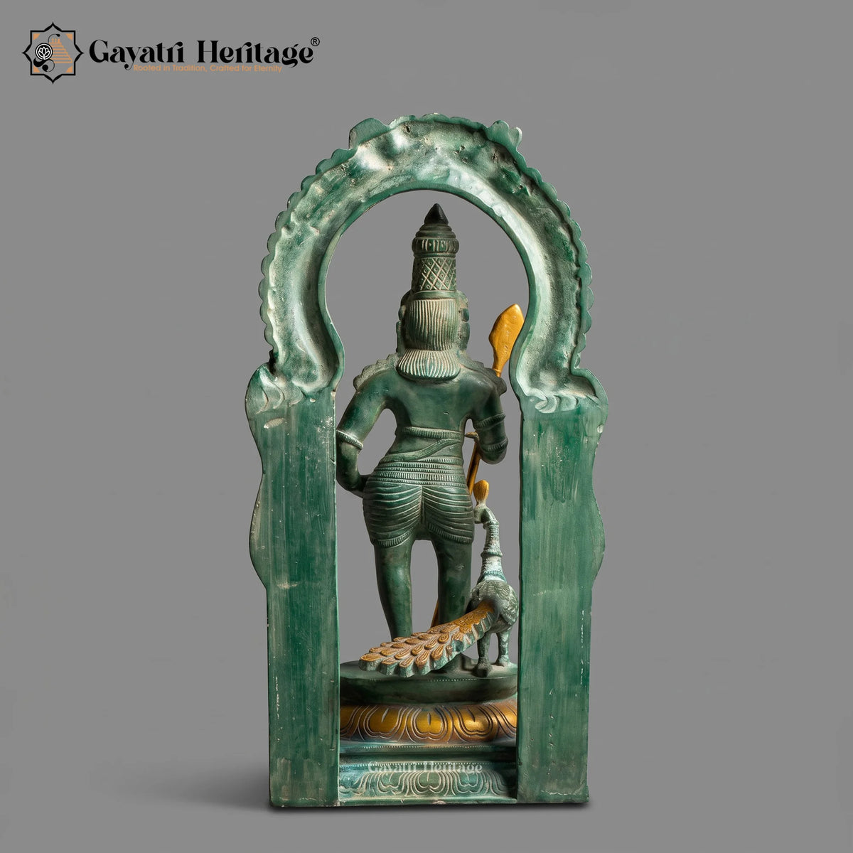 Brass Murugan Idol with Vel & Peacock | Antique Green Patina Kartikeya Statue with Kirtimukha Arch