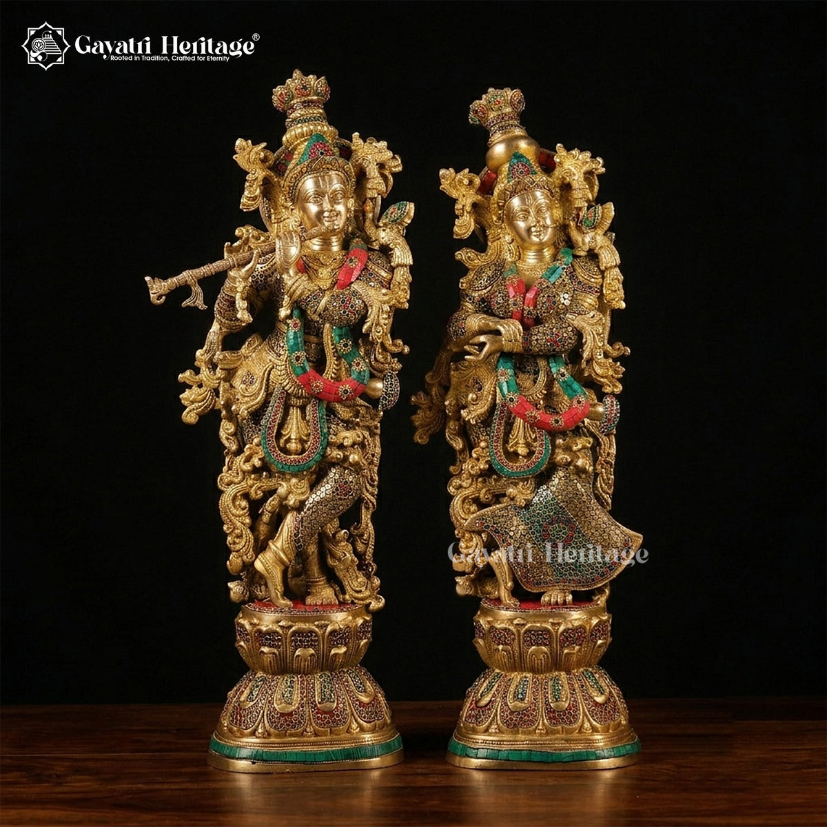 Brass Radha Krishna Statue, 29 inch, handcrafted by Gayatri Heritage
