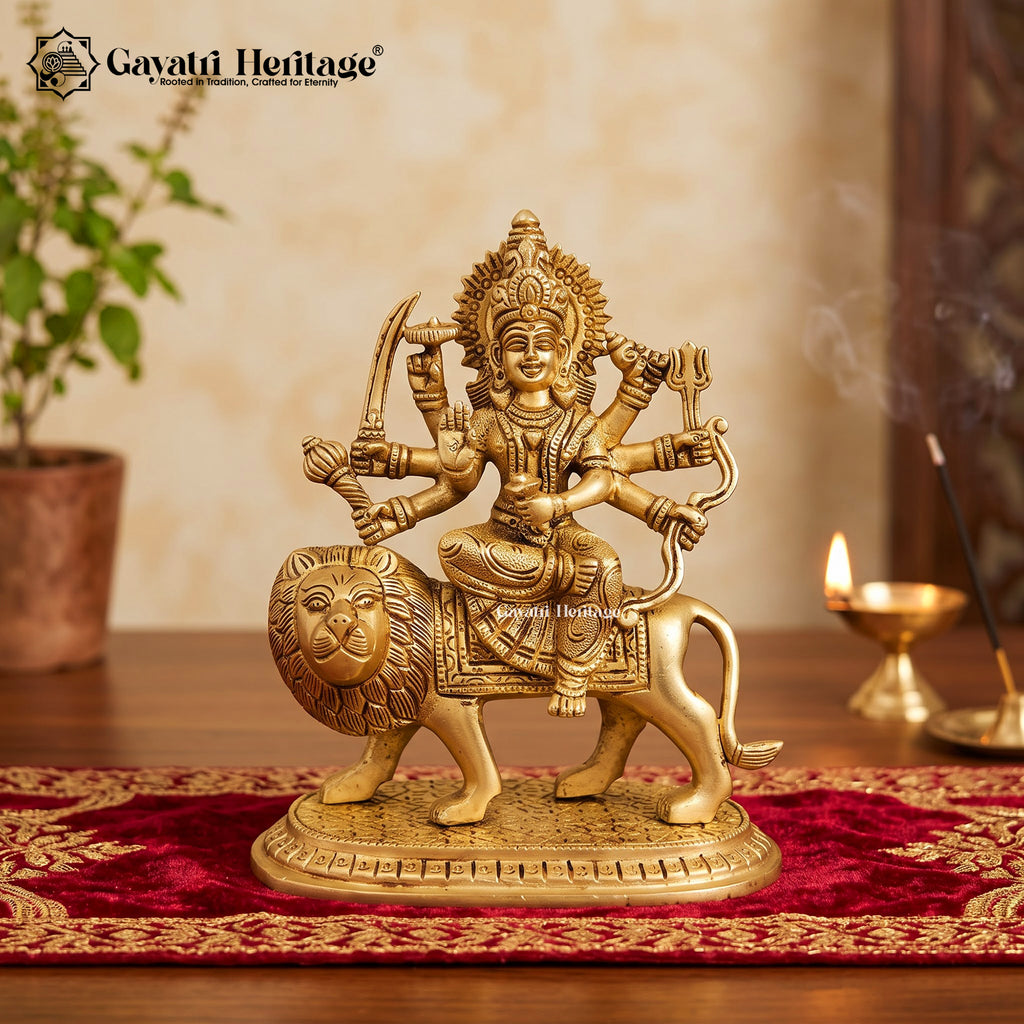 Smiling Durga Maa Brass Statue on Lion | Radiant Crown Sherawali Goddess Idol