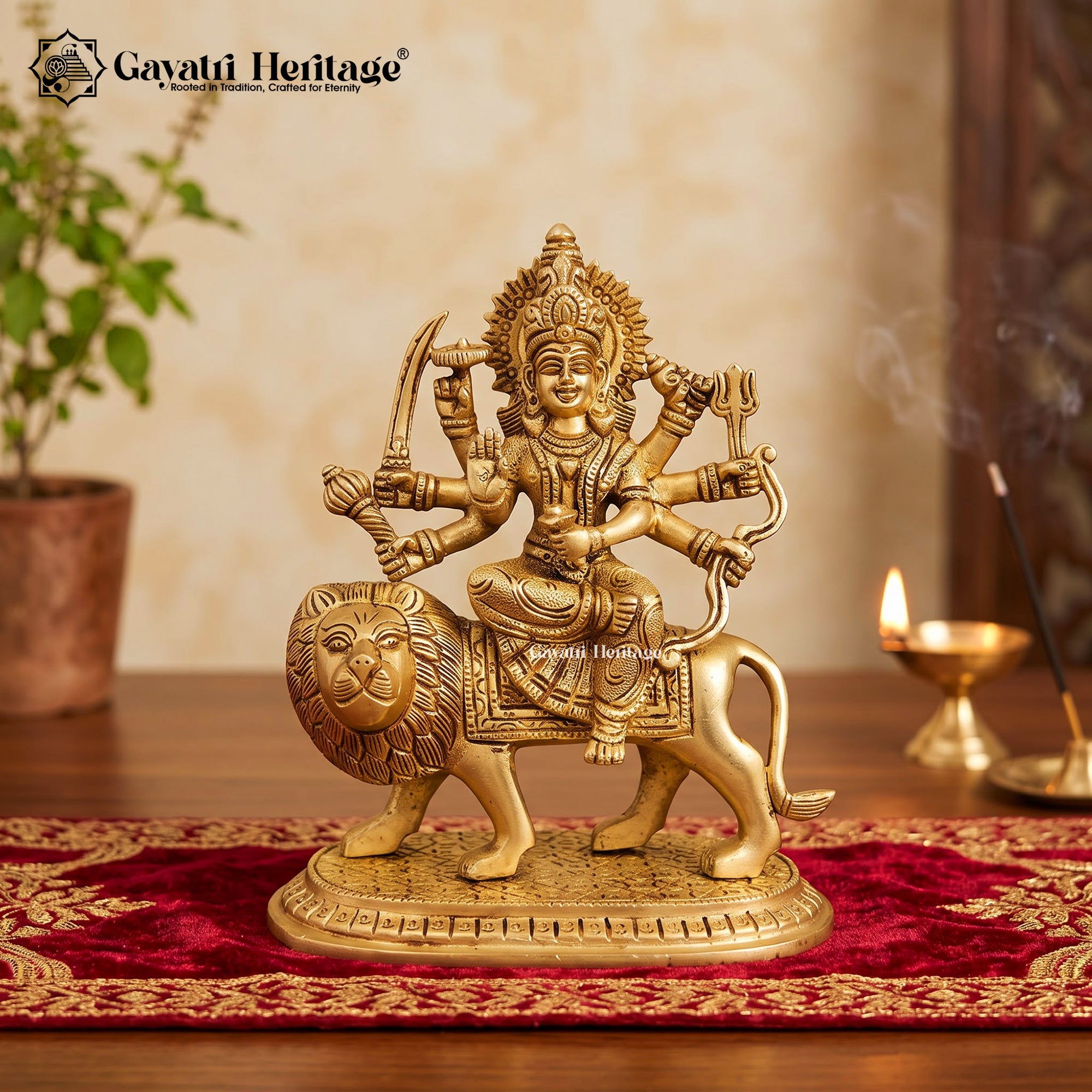 Smiling Durga Maa Brass Statue on Lion | Radiant Crown Sherawali Goddess Idol