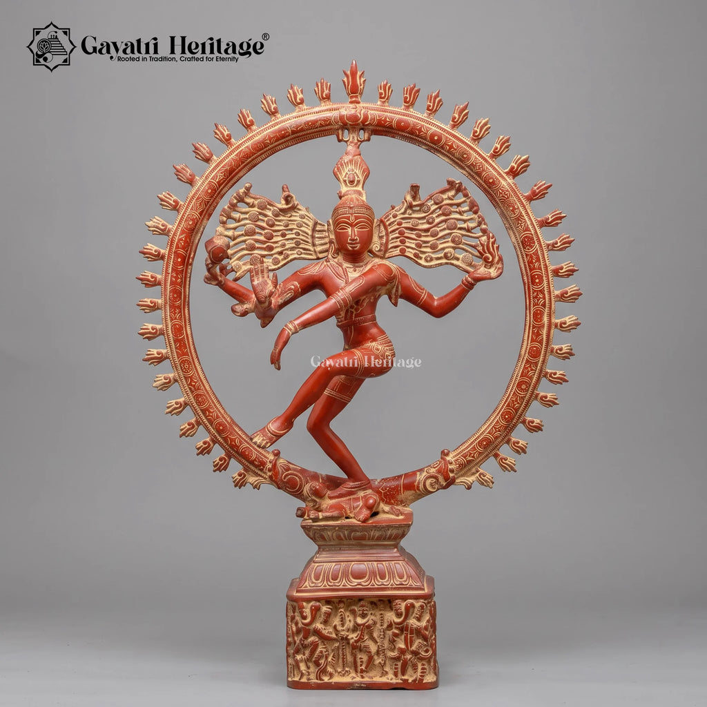 Brass Nataraja Statue | Dancing Lord Shiva Idol | Antique Red Gold Finish | 23.5 Inch Hindu Temple & Home Decor
