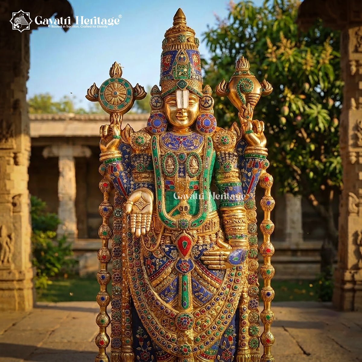 Brass Tirupati Balaji Idol with Colorful Stones, 48 inch, handcrafted by Gayatri Heritage