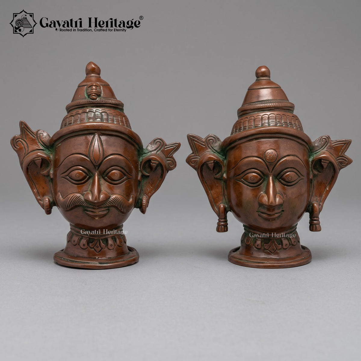 Brass Shiva Parvati Face Set – Copper Brown Antique Finish, Handcrafted Hindu Deity Mukha