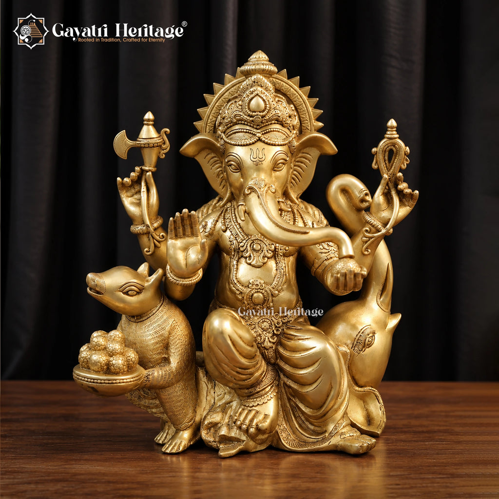 Brass Ganesha Statue with Mushak Mouse & Laddoo Bowl – Handcrafted Ganpati Idol for Home Mandir & Pooja Decor
