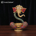 Brass Ganpati Diya | Stone Inlay Oil Lamp | Handmade Pooja Decor 9 Inch