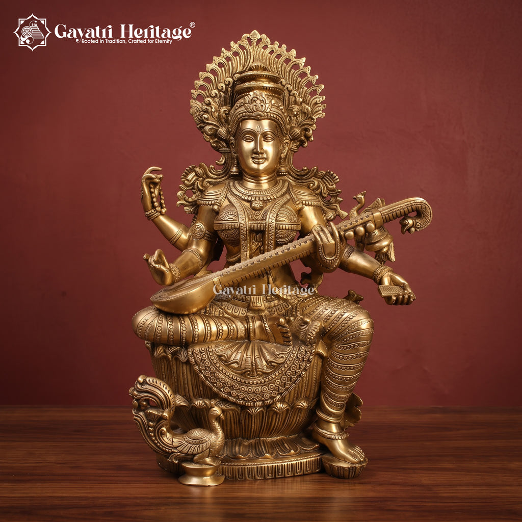 Brass Saraswati Devi Statue | Seated Goddess of Knowledge with Veena Idol