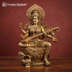 Brass Saraswati Devi Statue | Seated Goddess of Knowledge with Veena Idol