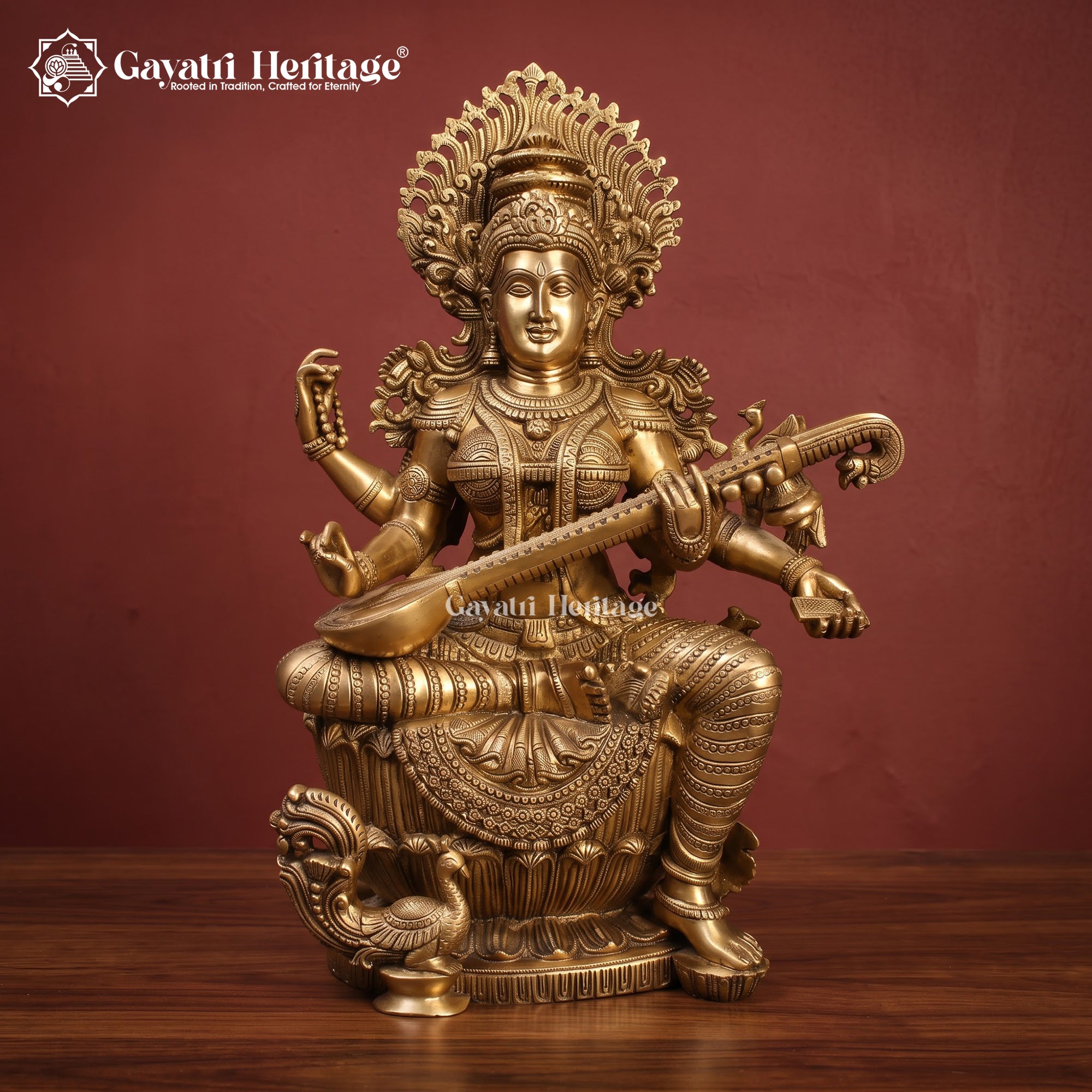 Brass Saraswati Devi Statue | Seated Goddess of Knowledge with Veena Idol