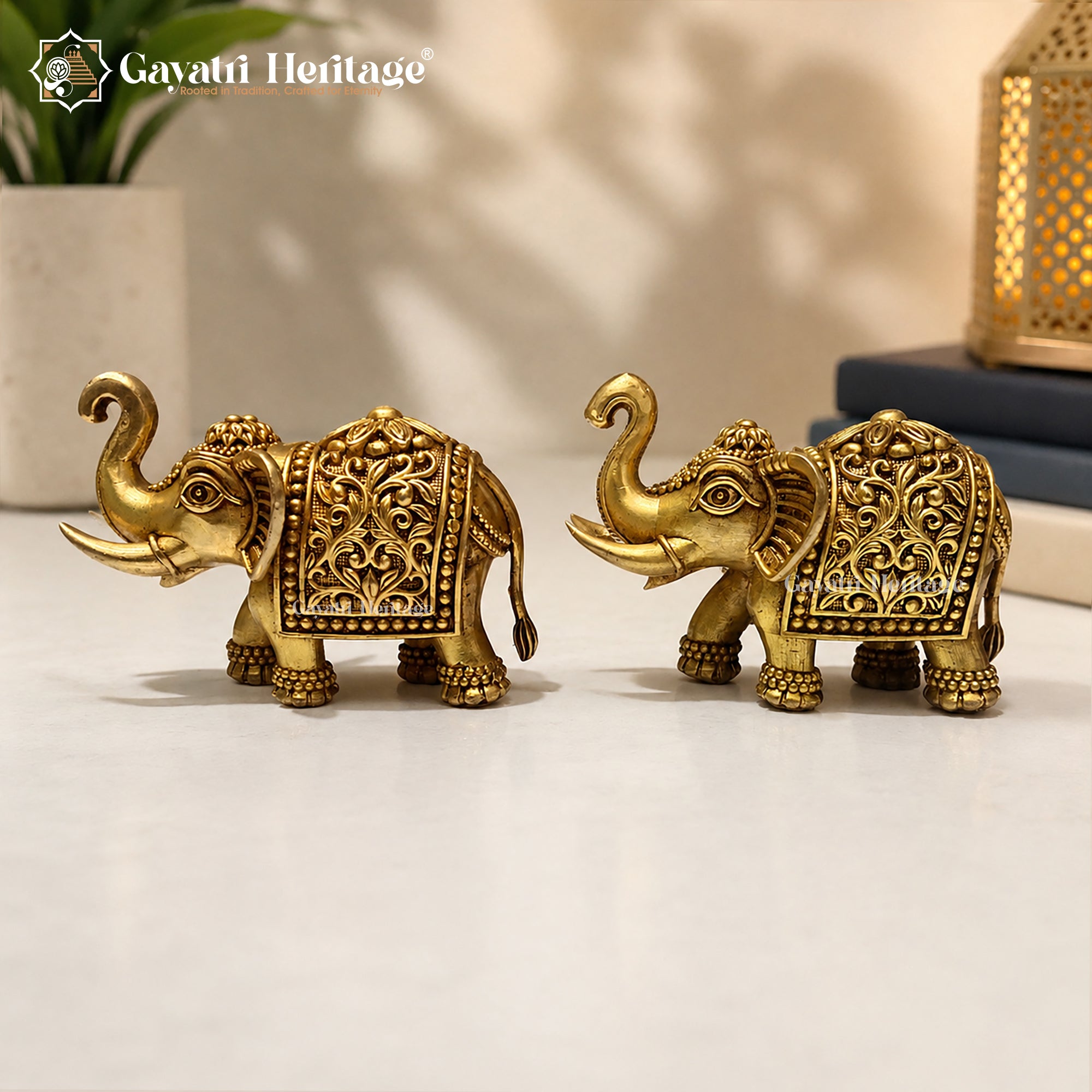 Brass Elephant Pair Statue | Handcrafted Decorative Elephant Set for Home Decor & Vastu