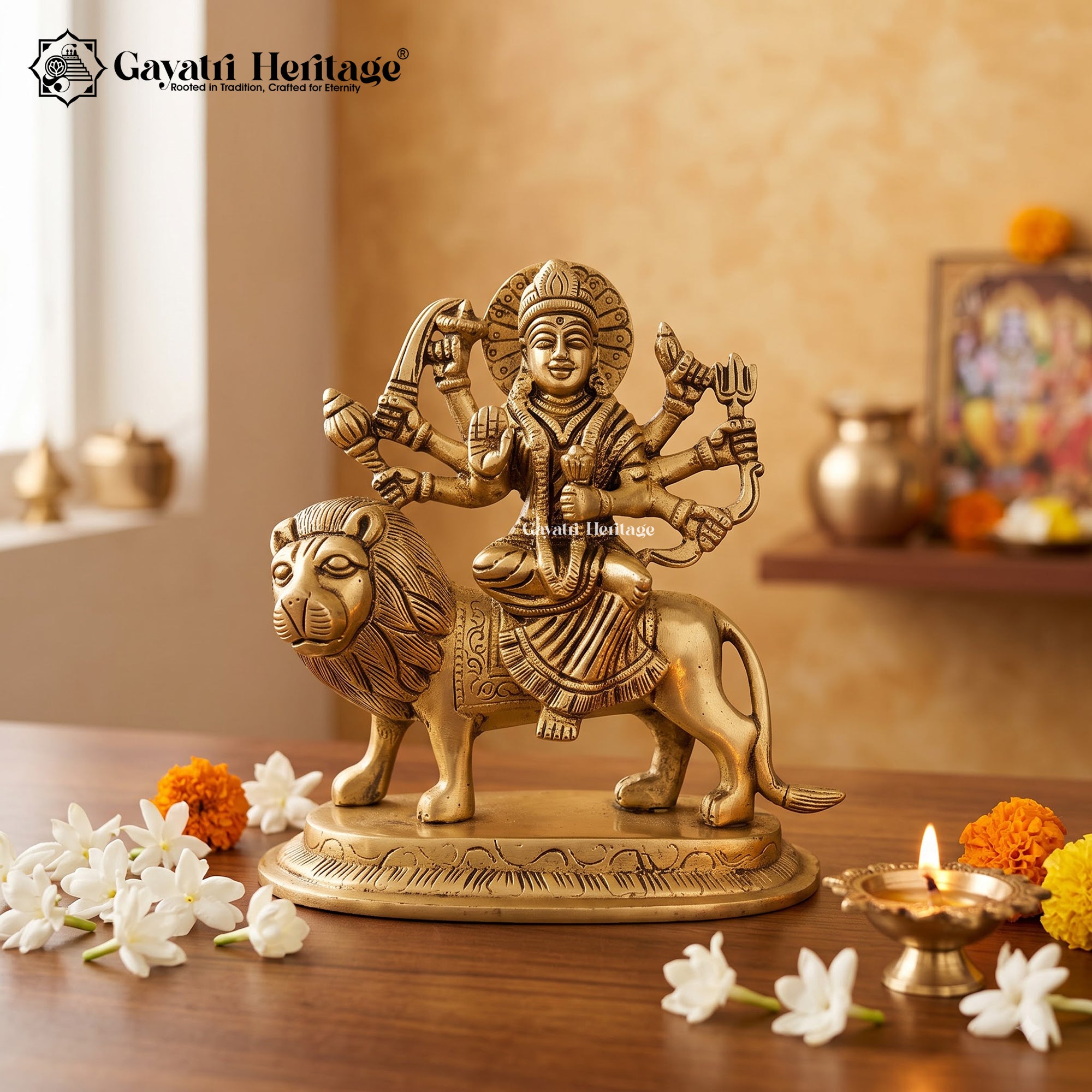 Brass Durga Maa Idol on Lion | Antique Gold Finish Goddess Sculpture | Hindu Pooja & Home Decor