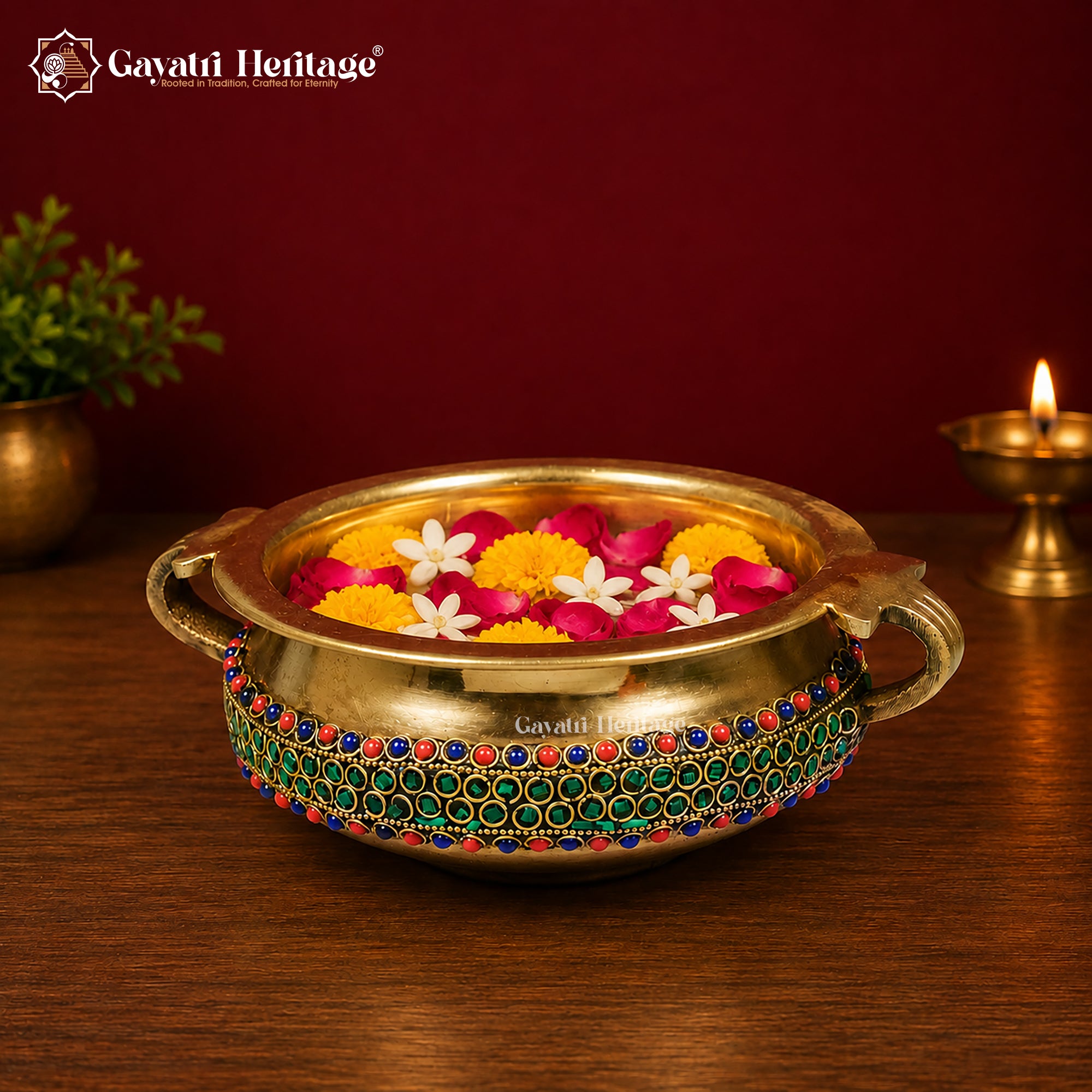 Brass Traditional Urli with Stone Work – Elegant Home Decor | Gayatri Heritage