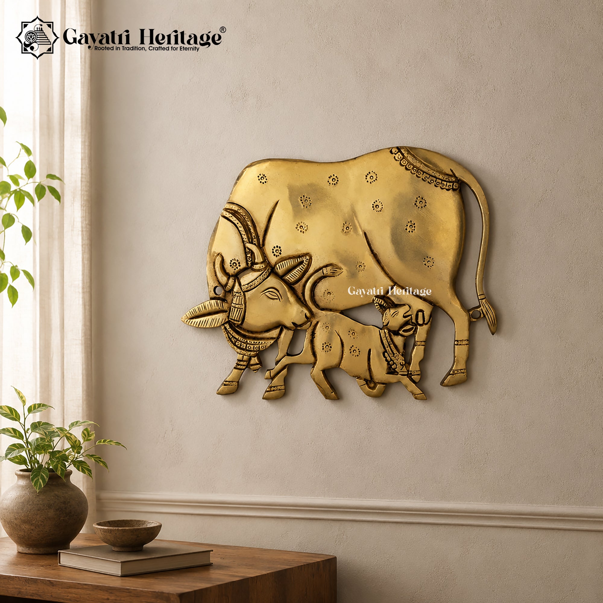 Brass Cow Calf Wall Hanger | Kamdhenu  Sacred Cow Wall Art | Vastu Home Decor | Gayatri Heritage