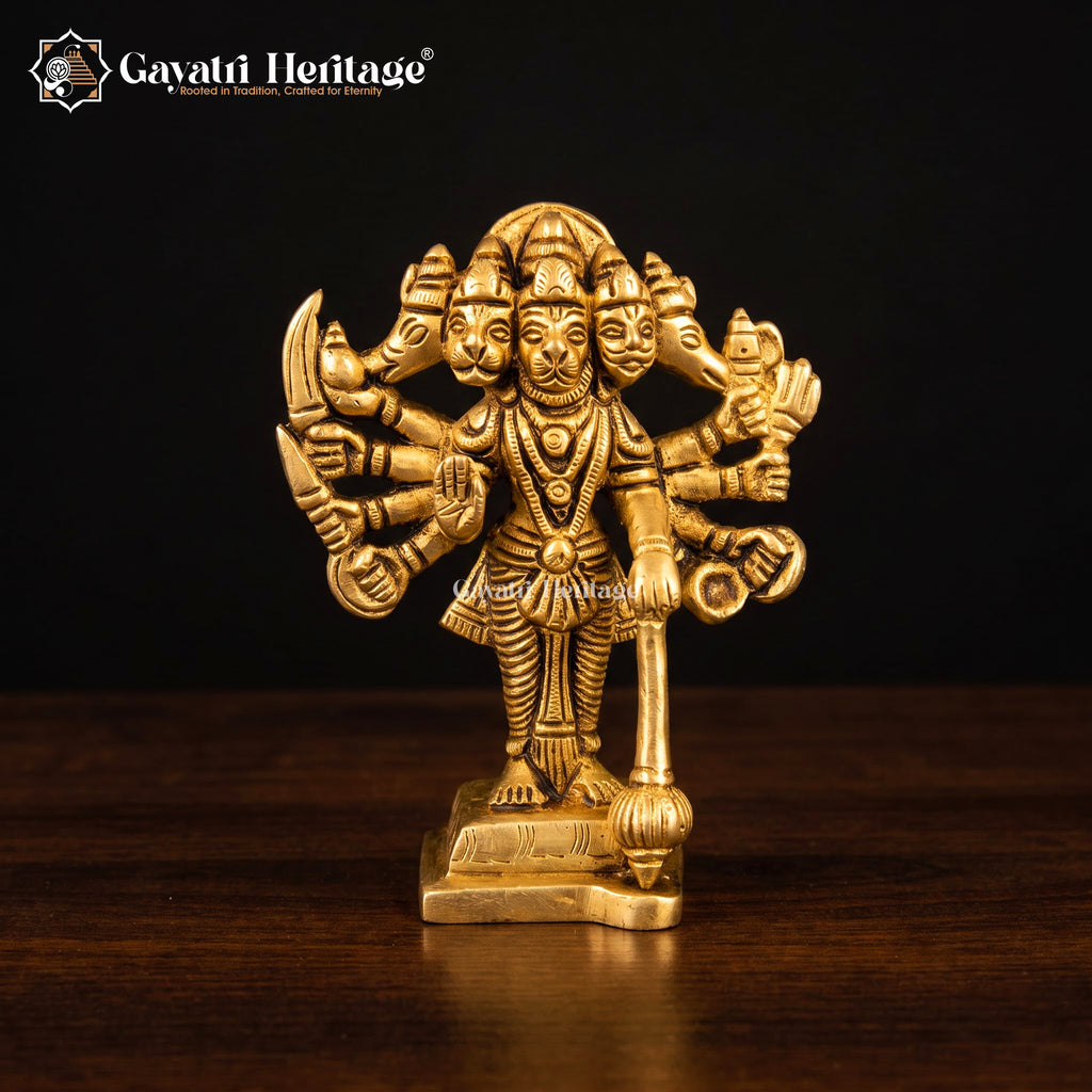 Solid Brass Panchmukhi Hanuman Idol | Five-Faced Standing Statue with Gada | Handcrafted Bajrangbali Murti | Hindu Pooja Room Decor
