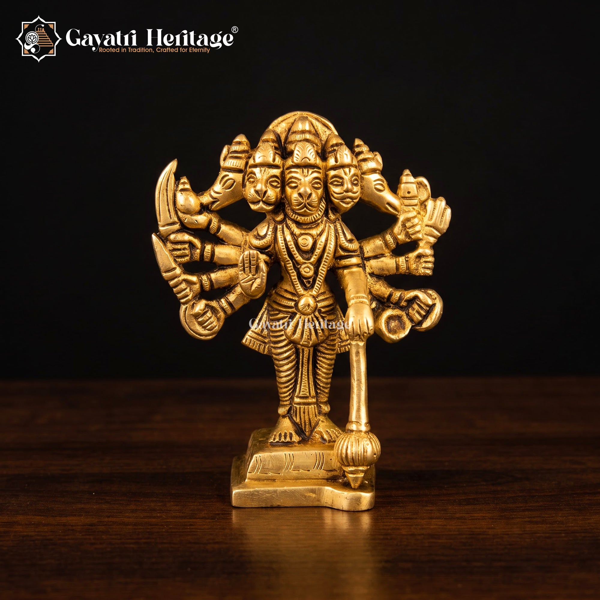 Solid Brass Panchmukhi Hanuman Idol | Five-Faced Standing Statue with Gada | Handcrafted Bajrangbali Murti | Hindu Pooja Room Decor