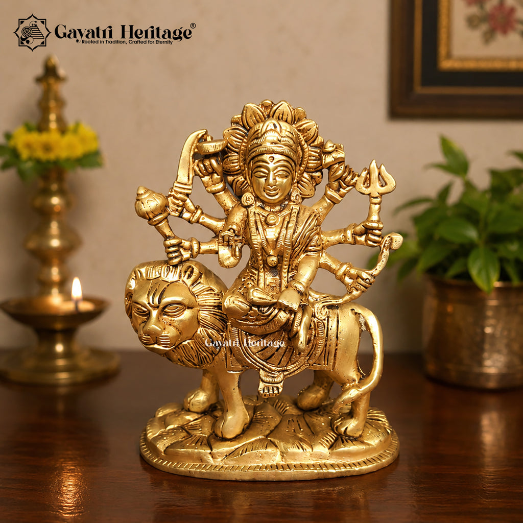 Brass Durga Maa on Lion Statue | Ashtabhuja Sherawali Maa Idol | Handcrafted Hindu Goddess Sculpture | Pooja Room & Home Decor