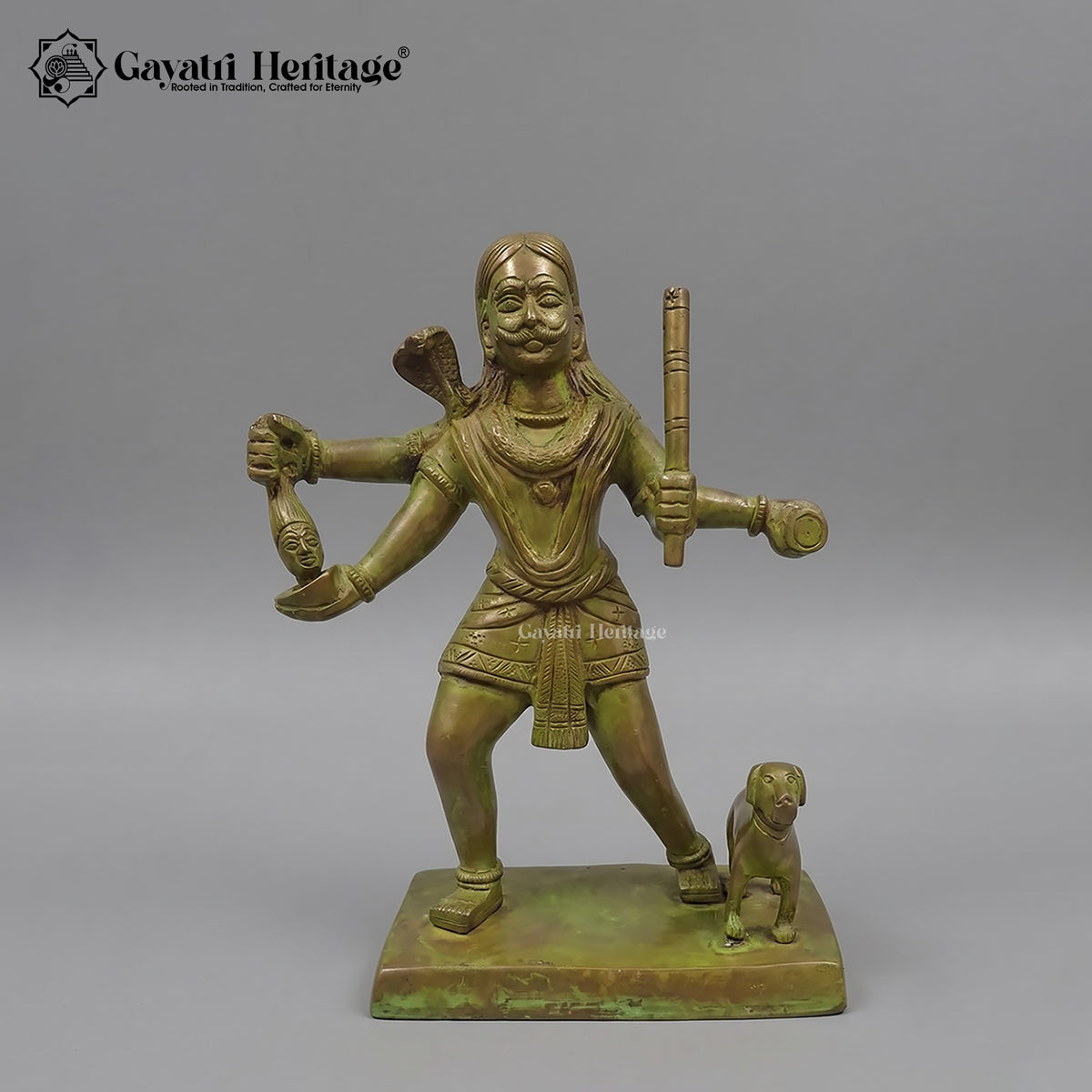 Brass Kaal Bhairav Statue with Dog | Antique Green Patina Finish | Handcrafted Lord Shiva Idol