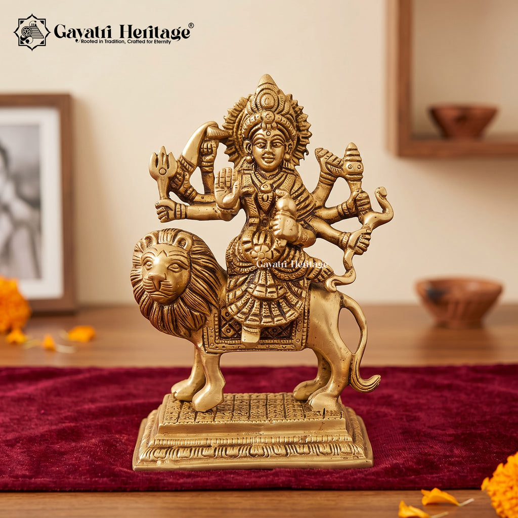Brass Durga Maa Statue on Lion | Conical Crown Goddess Sculpture | Sherawali Maa Idol with Stepped Pedestal