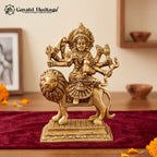 Brass Durga Maa Statue on Lion | Conical Crown Goddess Sculpture | Sherawali Maa Idol with Stepped Pedestal