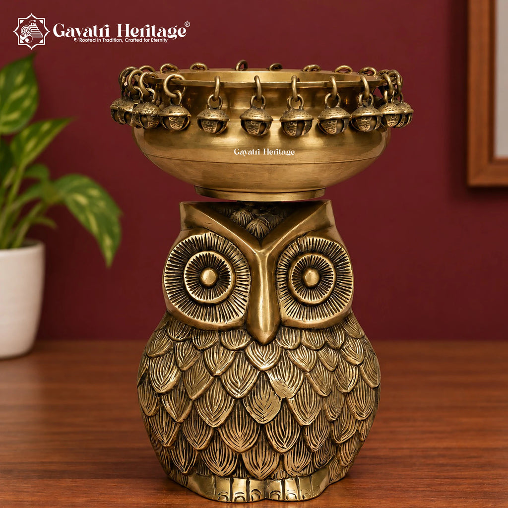Brass Owl Urli with Bells – Handmade Lakshmi Owl Flower Bowl, Floating Candle & Diwali Decor