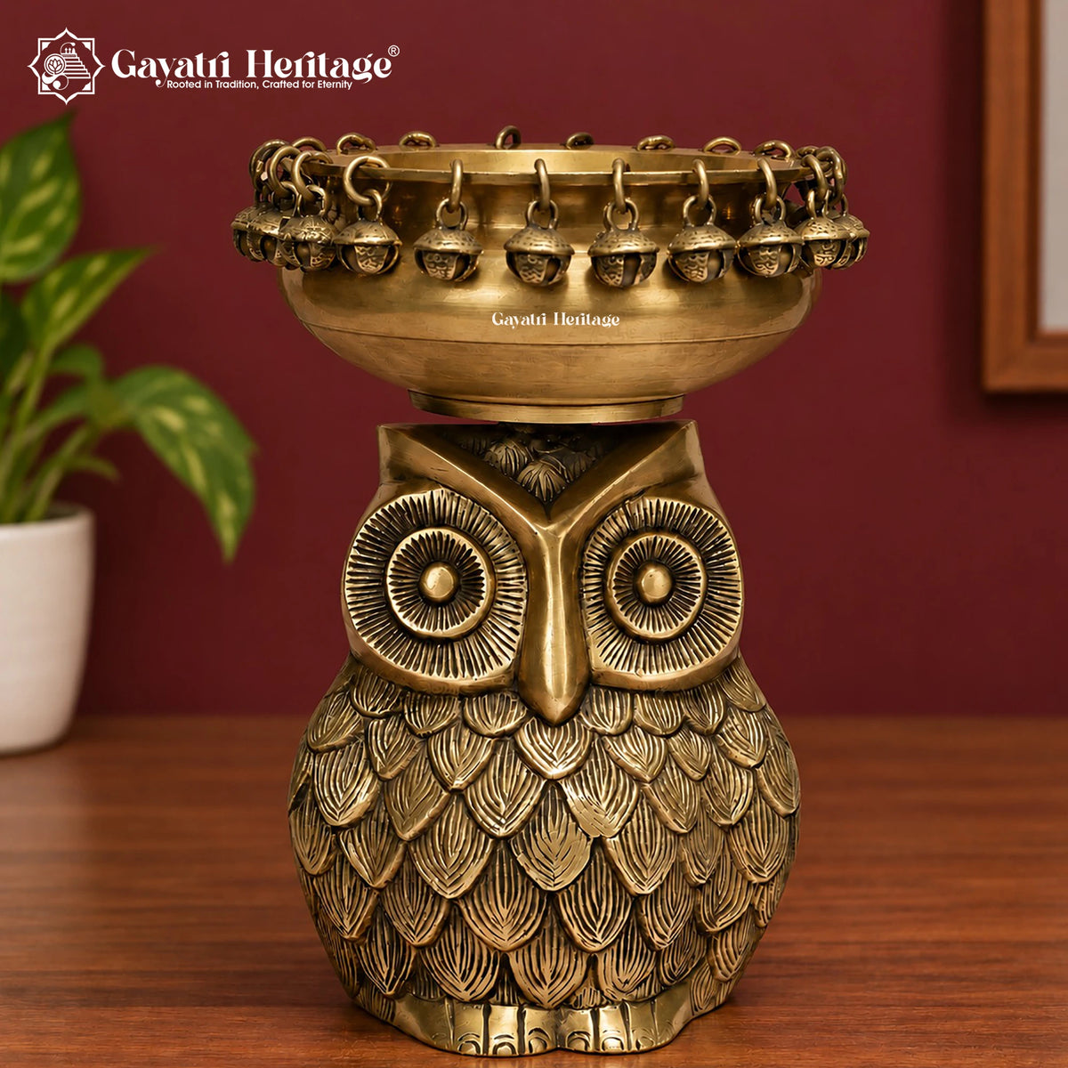 Brass Owl Urli with Bells – Handmade Lakshmi Owl Flower Bowl, Floating Candle & Diwali Decor
