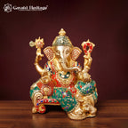 Brass Ganesha Statue with Stone Meenakari Inlay | Handcrafted Ganesh Idol for Diwali Puja & Home Decor