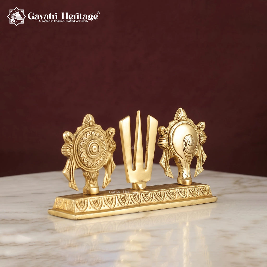 Brass Shankh Chakra Namam Set | Vishnu Emblem Wall Decor | Handmade Pooja Accent