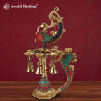 Brass Peacock Diya Lamp with Turquoise Coral Inlay | Multi-Wick Oil Lamp for Home Decor & Pooja