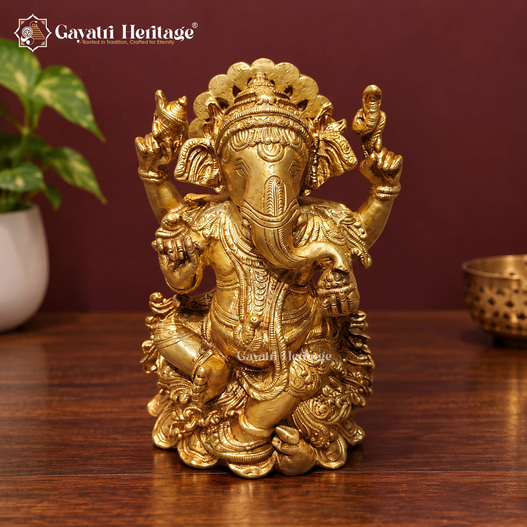 Handcrafted Brass Lord Ganesha Statue with Halo – Ganpati Idol on Lotus Throne for Home Mandir & Pooja Decor