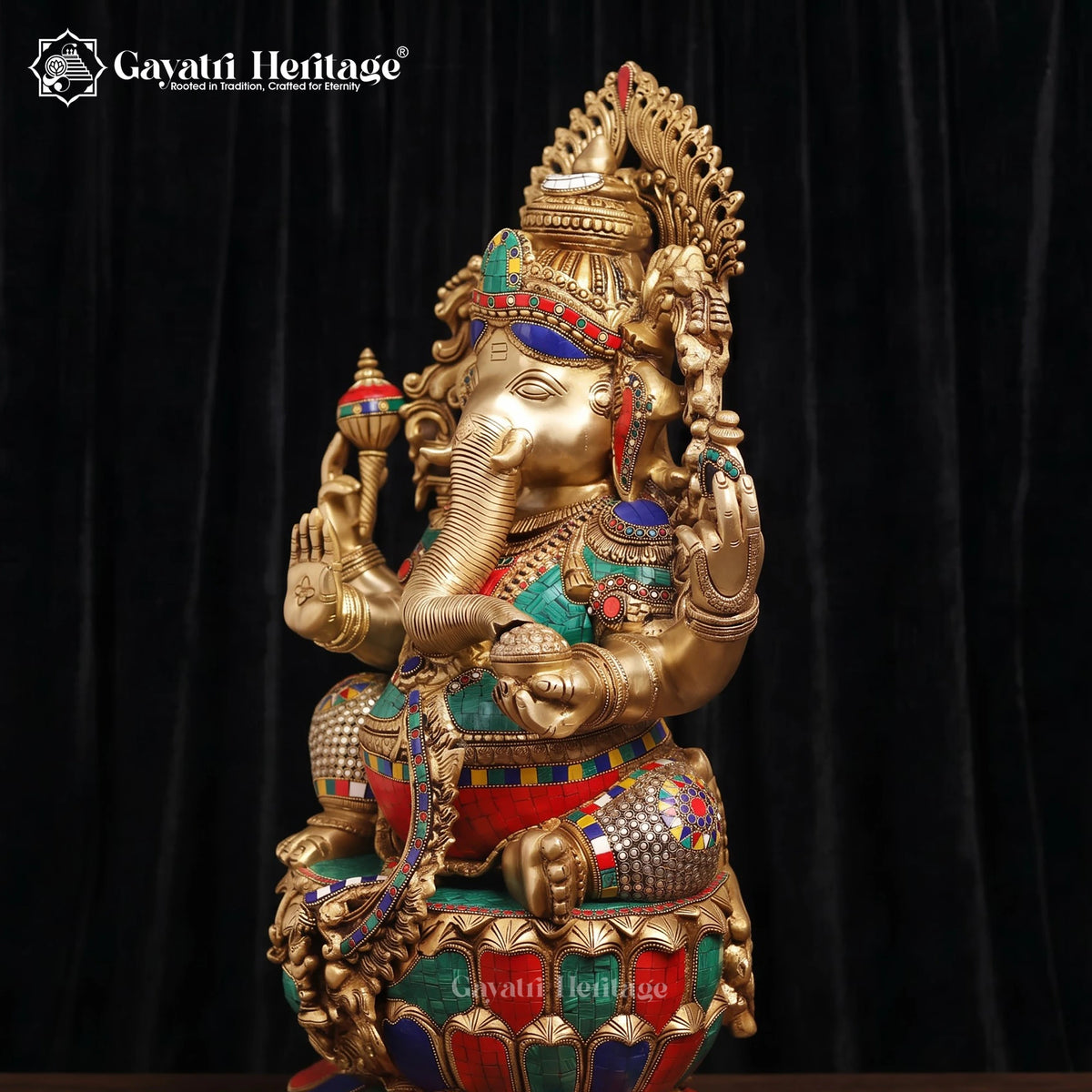 Large Brass Ganesha Statue | Turquoise & Coral Stone Inlay | Lotus Base Ganesh Idol (26 Inch)
