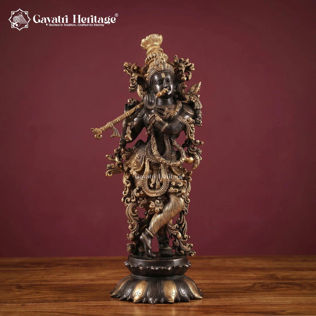 Brass Krishna Flute Statue | Black & Gold Finish | Handmade Hindu Home Decor