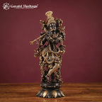 Brass Krishna Flute Statue | Black & Gold Finish | Handmade Hindu Home Decor