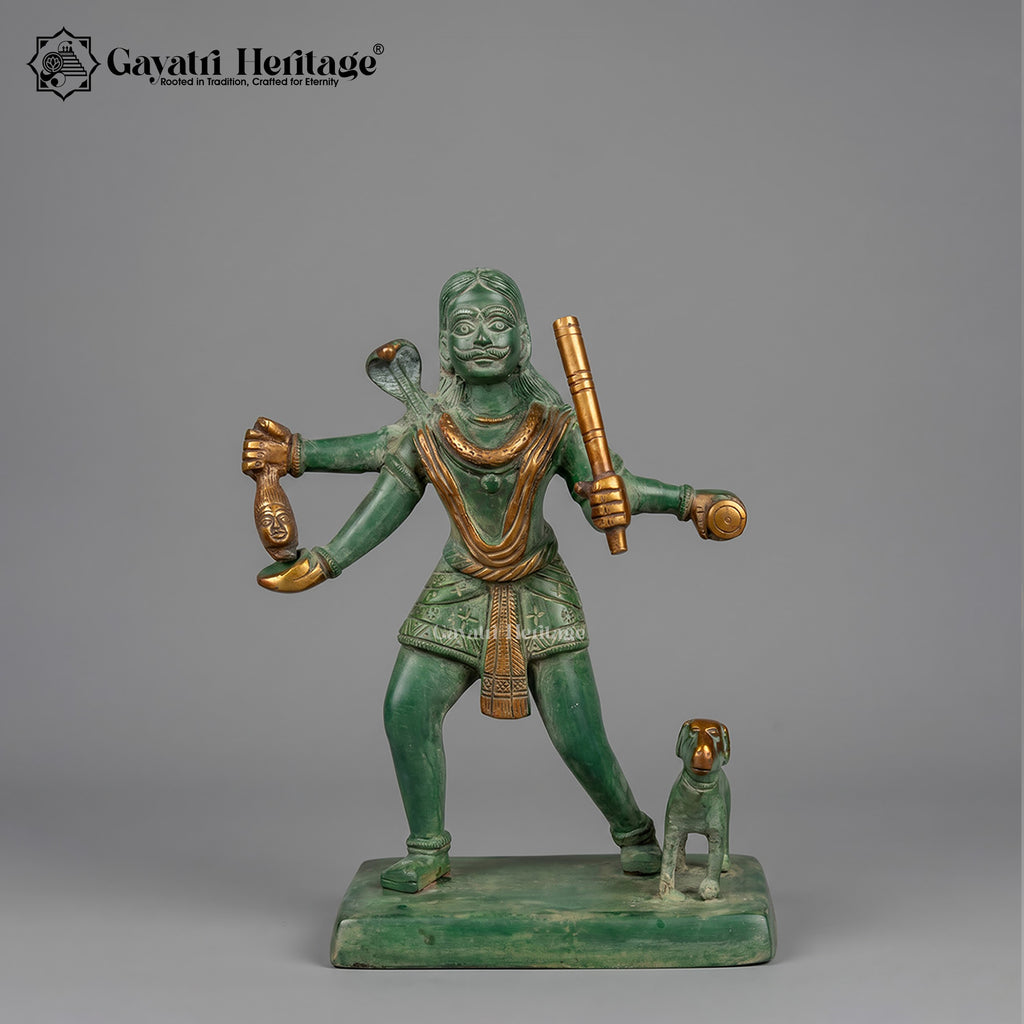 Brass Bhairaveshwara Swamy Statue with Dog | Antique Green & Gold Finish | Kaal Bhairav Idol