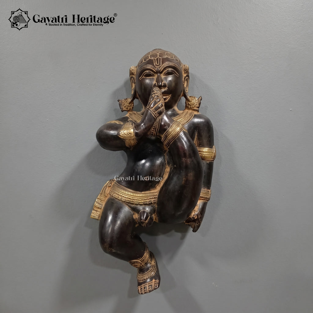 Brass Laddu Gopal Wall Art | Antique Black Finish with Gold Detailing