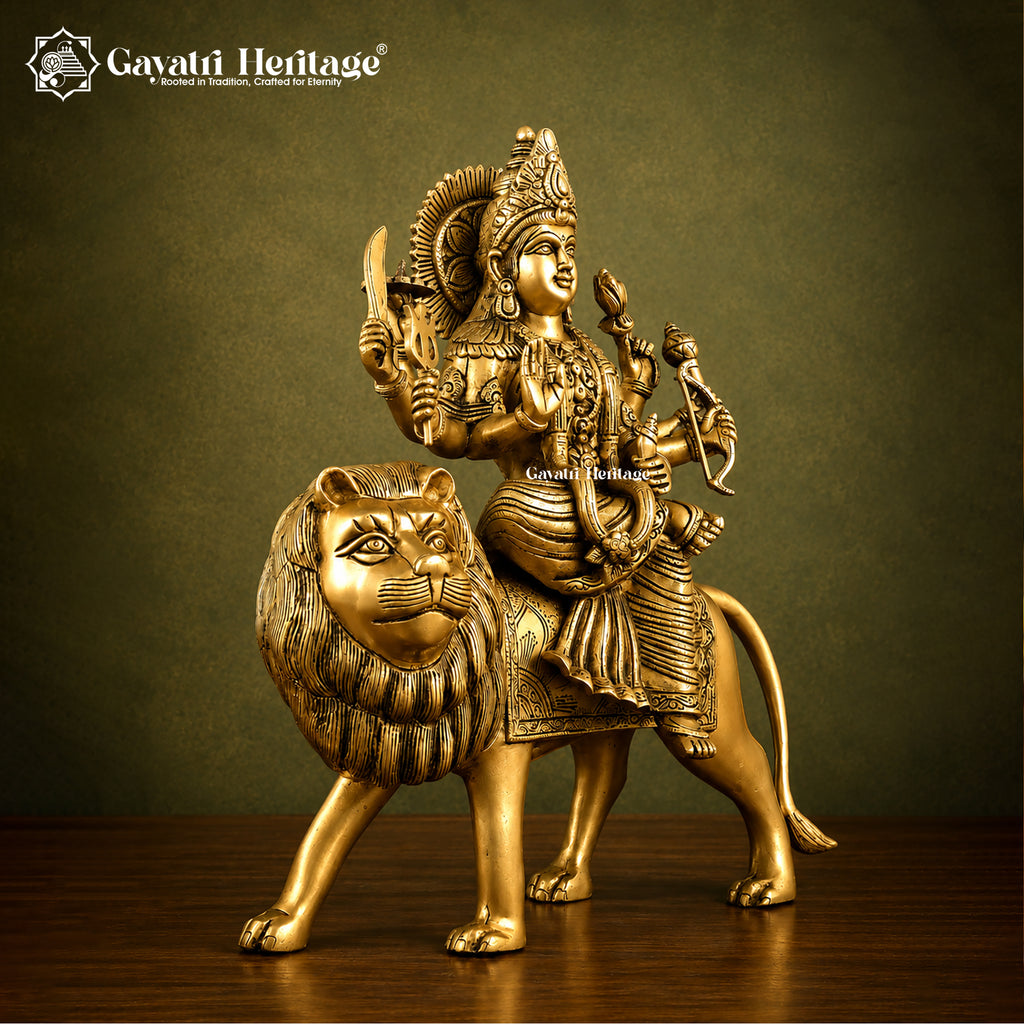 Brass Durga Mata Idol Sitting on Lion | Antique Finish | Hand Crafted Statue | Home Temple Decor