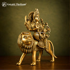 Brass Durga Mata Idol Sitting on Lion | Antique Finish | Hand Crafted Statue | Home Temple Decor
